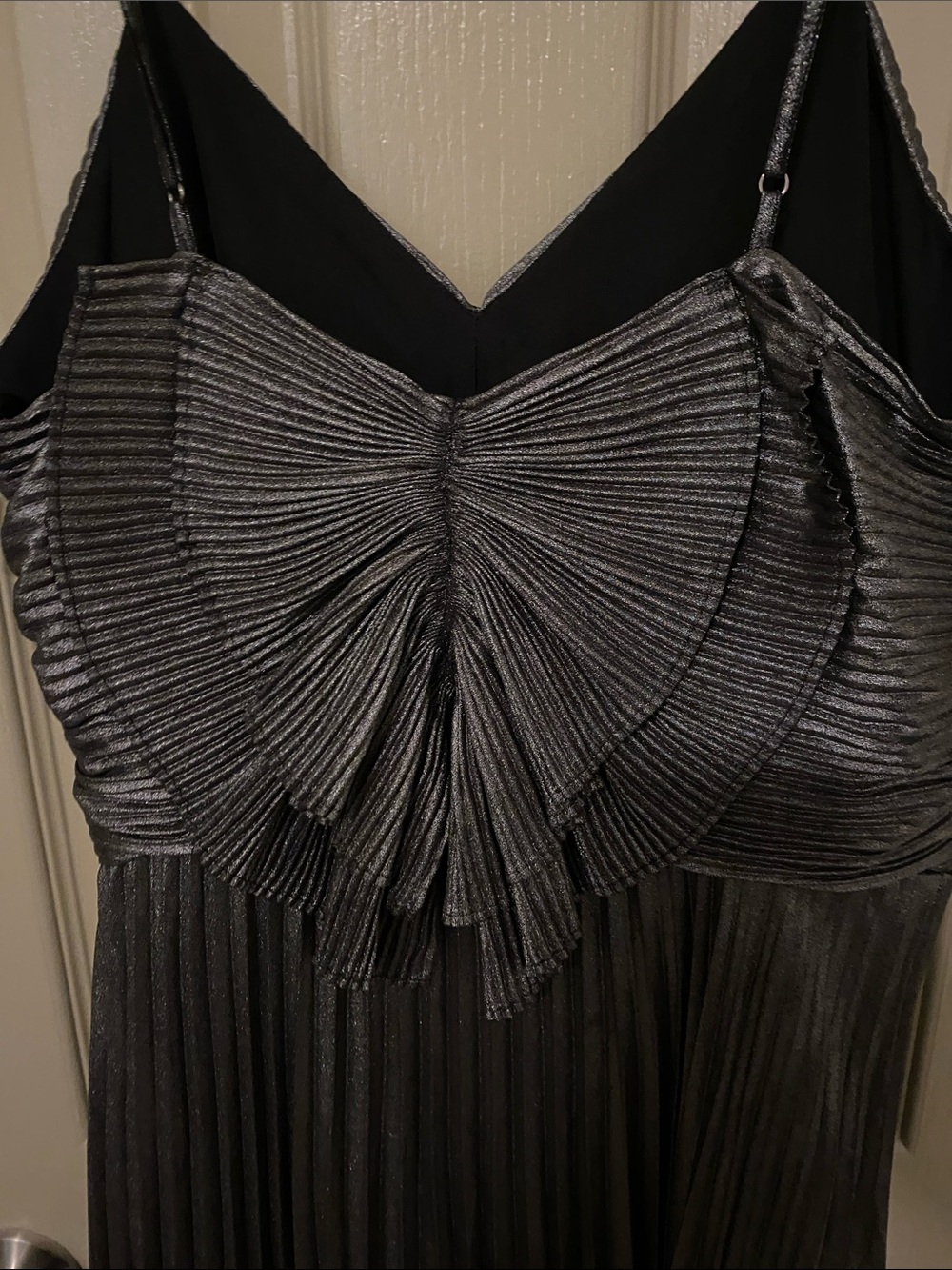 Express shiny gray and black Pleated Spaghetti Strap Mini Dress - Picture 5 of 9